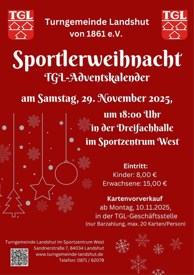 Das Poster kündigt die Sportlerweihnacht 2025 der Turngemeinde Landshut am 29. November in der Dreifachhalle an.