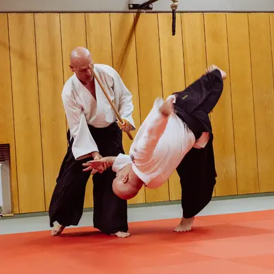 Zwei Männer üben Aikido-Techniken auf einer roten Matte im Sportverein der Turngemeinde Landshut.