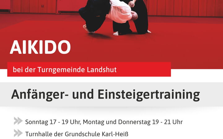 Ein Aikido-Training wird bei der Turngemeinde Landshut mit einem spektakulären Wurf in der Turnhalle beworben.