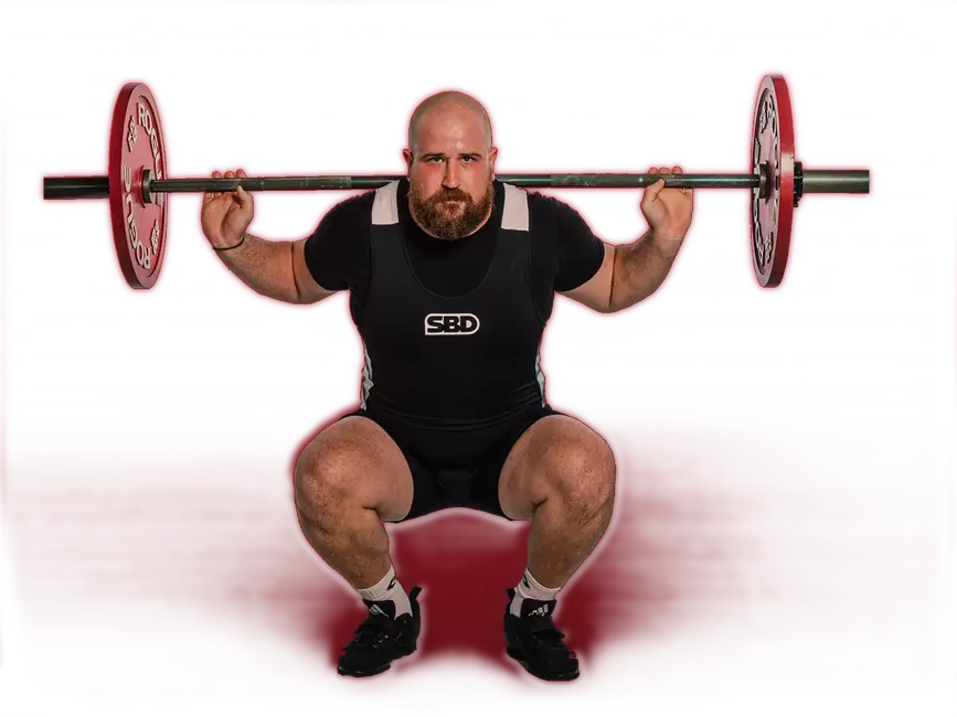 Ein Mann der Turngemeinde hebt eine Langhantel in der Hocke, gekleidet in Sportkleidung des TGL Vereins.