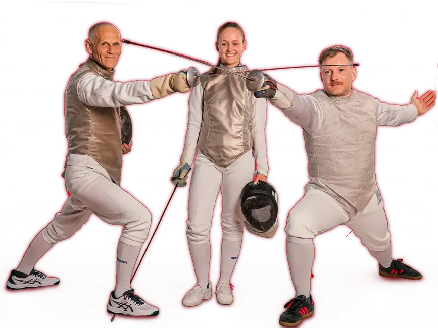 Drei Fechter in klassischer Pose präsentieren stolz ihre Sportausrüstung für den Verein Turngemeinde Landshut.