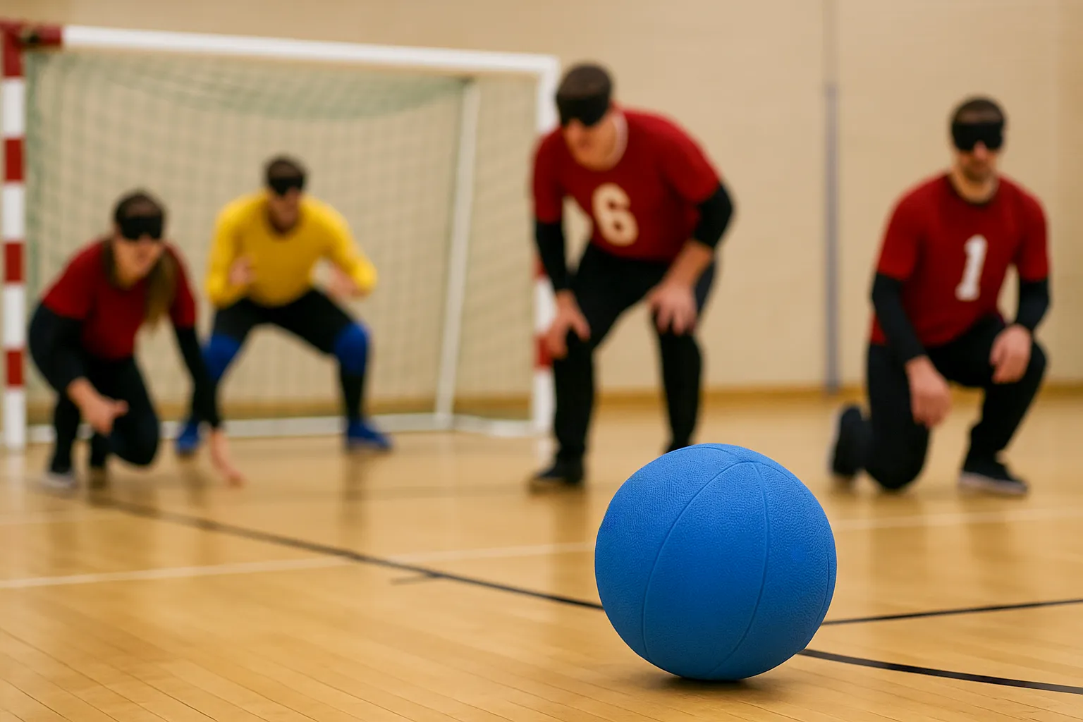 Drei Spieler mit Augenbinden bereiten sich bei einem Blindenballspiel im Verein Turngemeinde Landshut auf den Einsatz vor.
