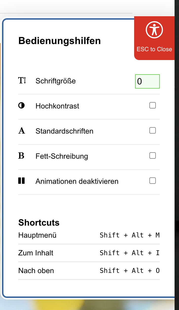 Die Grafik zeigt Barrierefreiheitseinstellungen und Shortcuts, die im Sportverein Turngemeinde Landshut genutzt werden können.